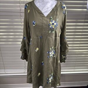 Fig & Flower Anthropology Dress Size Medium Olive Green Floral Boho Cottage Core